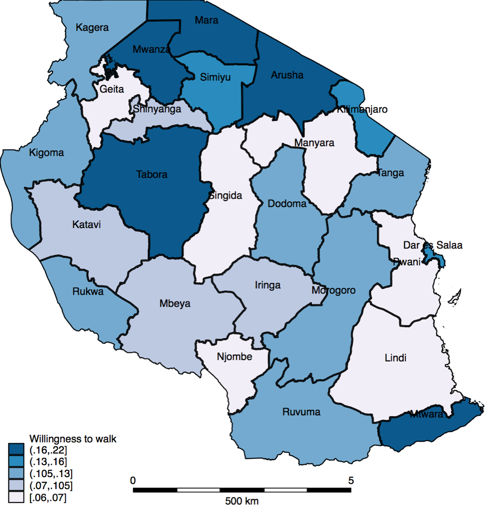 Map of Tanzania showing willingness to walk