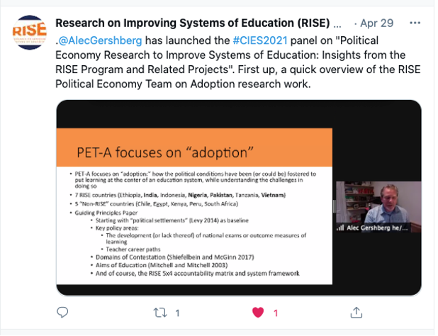 Tweet from RISE Programme saying, "@AlecGershberg has launched the #CIES2021 panel on 'Political Economy Research to Improve Systems of Education: Insights from the RISE Program and Related Projects'. First up, a quick overview of the RISE Political Economy Team on Adoption research work."