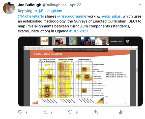 Tweet from Joe Bullough saying, "@MichelleKaffs shares @riseprogramme work w/ @atu_julius, which uses an established methodology, the Surveys of Enacted Curriculum (SEC) to map (mis)alignments between curriculum components (standards, exams, instruction) in Uganda #CIES2021"