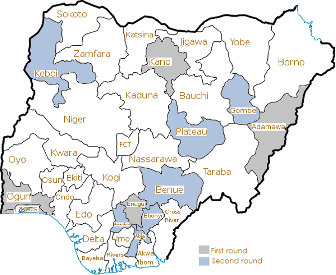 Image of Nigeria showing locations of data collection per state