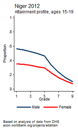 Graph titled "Niger 2012 Attainment profile, ages 15-19." Proportion is on the y axis and grade ranging from 1 to 9 is on the x axis. Attainment starts at .6 for boys and under .4 for girls and then decreases for both groups to around .1 in Grade 9.