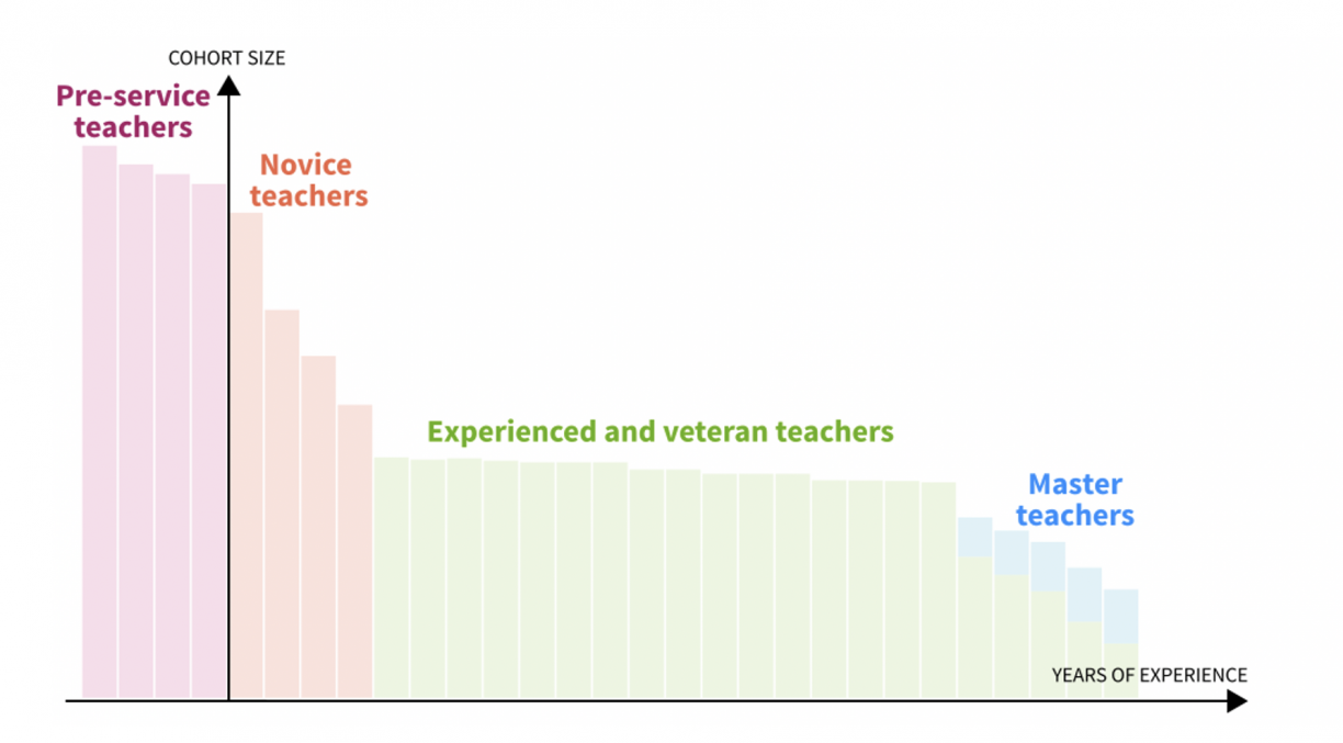 Graph showing cohort size of pre-service teachers, novice teachers, and experienced/veteran teachers, with a clear decrease in cohort size between pre-service and novice and between novice and experienced teachers.