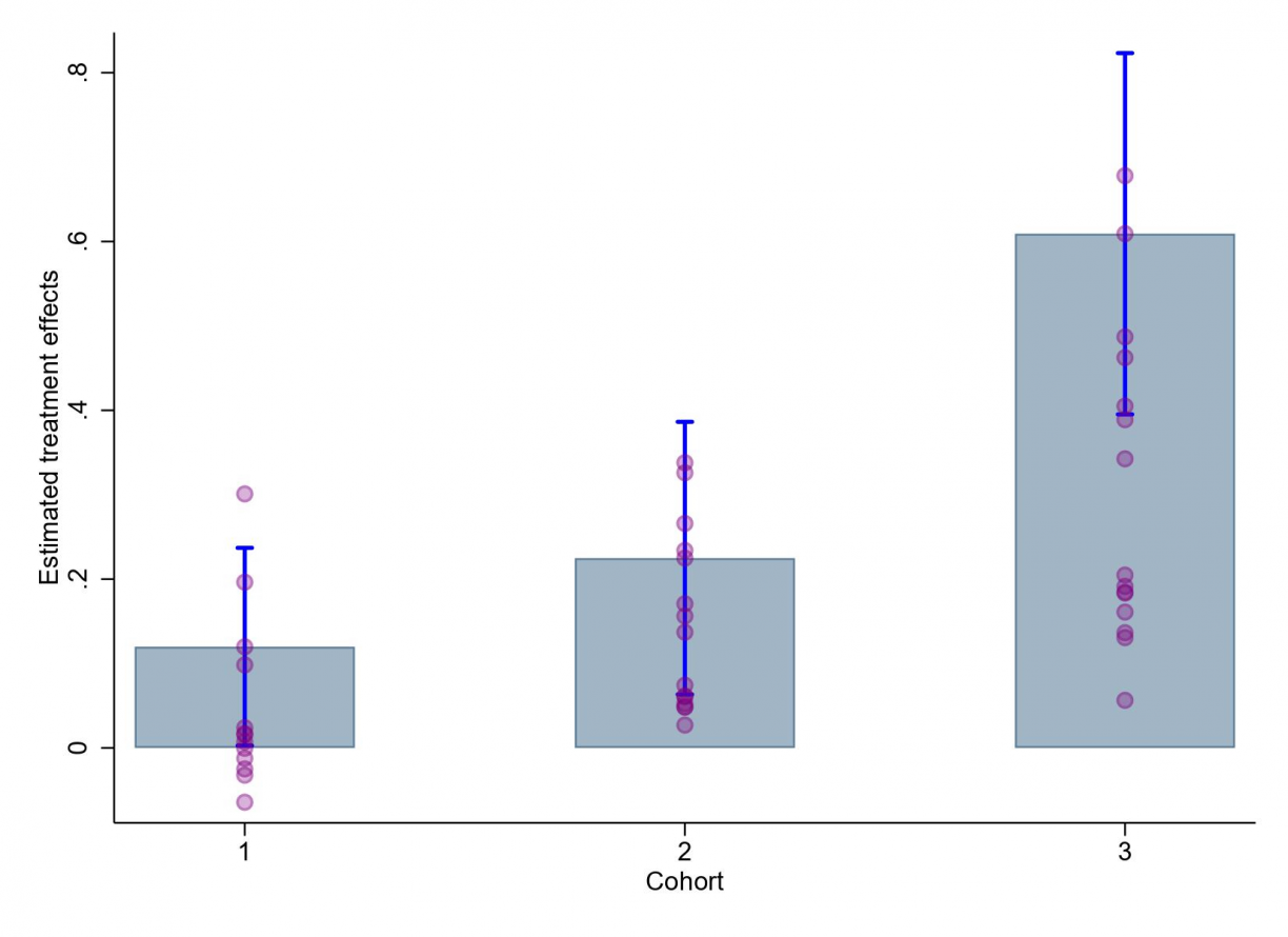 Bar chart showing estimated treatment effects for the 3 cohorts, with treatment effect increasing each time.