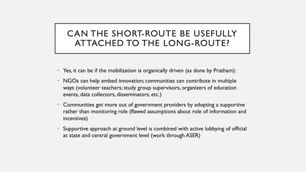 A slide asking and answering the question of: can the short-route of accountability be usefully attached to the long-route? The main conclusion of the slide is that yes, the short route can be usefully attached to the long route if community mobilisation is organically driven