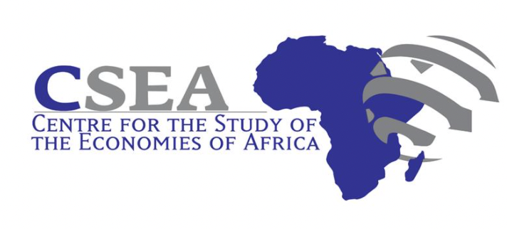 CSEA logo showing, on the left-hand side, the writing “CSEA” above the writing “CENTRE FOR THE STUDIES OF THE ECONOMY OF AFRICA” and, on the right-hand side, a blue picture of African continent map and 3 grey curved arrows oriented towards the right-hand side which form a globe.