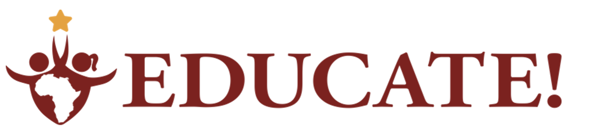 Educate logo showing the amaranth and white picture of a male and female characters hugging each other and forming one body which contains African continent map and is surmounted by a yellow star. The picture is followed by the amaranth writing “EDUCATE” and a final exclamation mark.