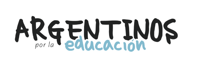 Argentinos por la educación logo showing the black writing “ARGENTINOS” above the writing “por la” in grey followed by the turquoise writing “educación”.