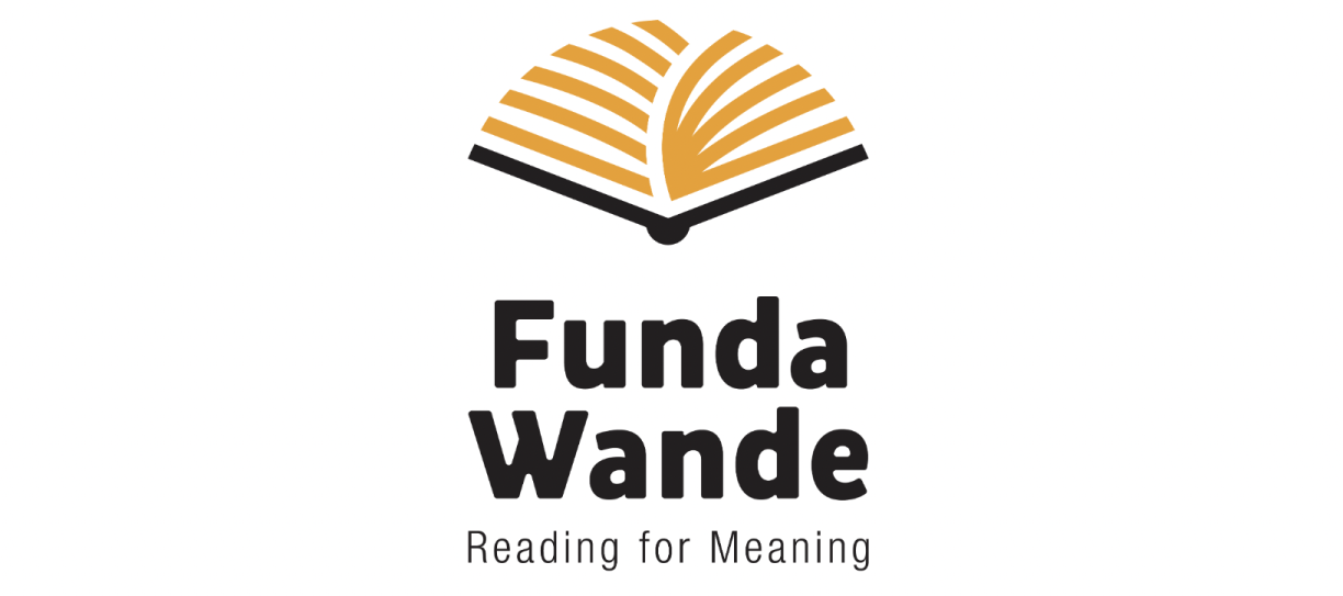 Funda Wande logo showing, in the top part, a book made of orange pages and a black cover and, in the bottom part, the bold black writing “Funda Wande” on top of the smaller grey writing “Reading for Meaning”.