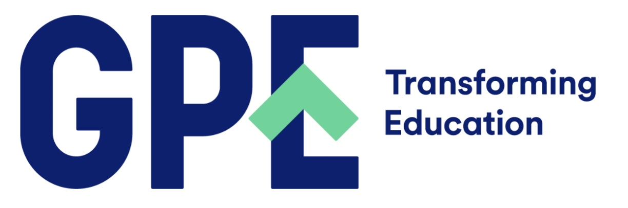 GPE logo showing, from left to right, the blue big writing GPE followed by the smaller Transforming Education on a white background. On letter 'E' there is a green tag.