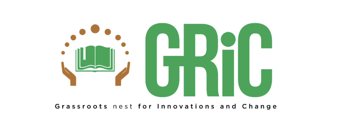 GRiC logo showing, on the left hand-side a green open book surrounded by a dots circle created by two open brown hands and, on the right hand-side, the big green writing 'GRiC'. Below the picture and writing there is the smaller black writing 'Grassroots nest for innovations and Change'.