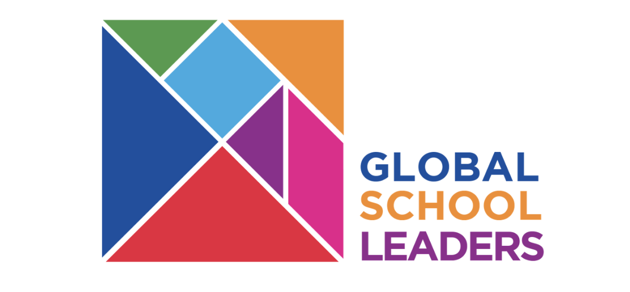 GSL logo showing, on the left-hand side, a square made of different size triangles (dark blue, orange, red, green and purple), a fuchsia parallelogram and a light blue rhombus and, on the right-hand side, the writing “GLOBAL SCHOOL LEADERS” in blue, orange and purple.  