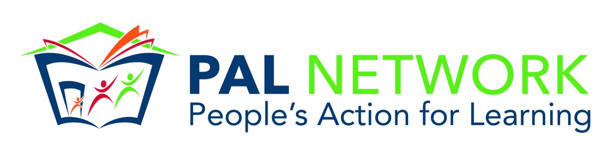 PAL Network logo showing, from left to right, the blue, red and lime green picture of a house with an open door and people inside followed by the writing ‘PAL NETWORK’ in navy blue and lime green on top of the navy blue writing “People’s Action for Learning’. The house can also be seen as an open book.