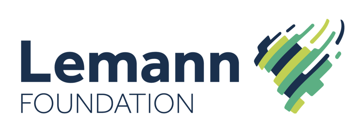 Lemann Foundation logo showing, on the left-hand side, the blue writing ‘Lemann’ above the smaller blue writing ‘FOUNDATION’ and, on the right-hand side, an abstract picture made of dark blue, dark and light green curved lines representing Brazil.