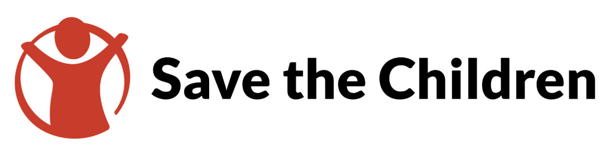 Save the Children logo showing, from left to right, the stylised representation of a red child with open arms towards the sky within a red circle followed by the black bold writing ‘Save the Children’ on a white background.