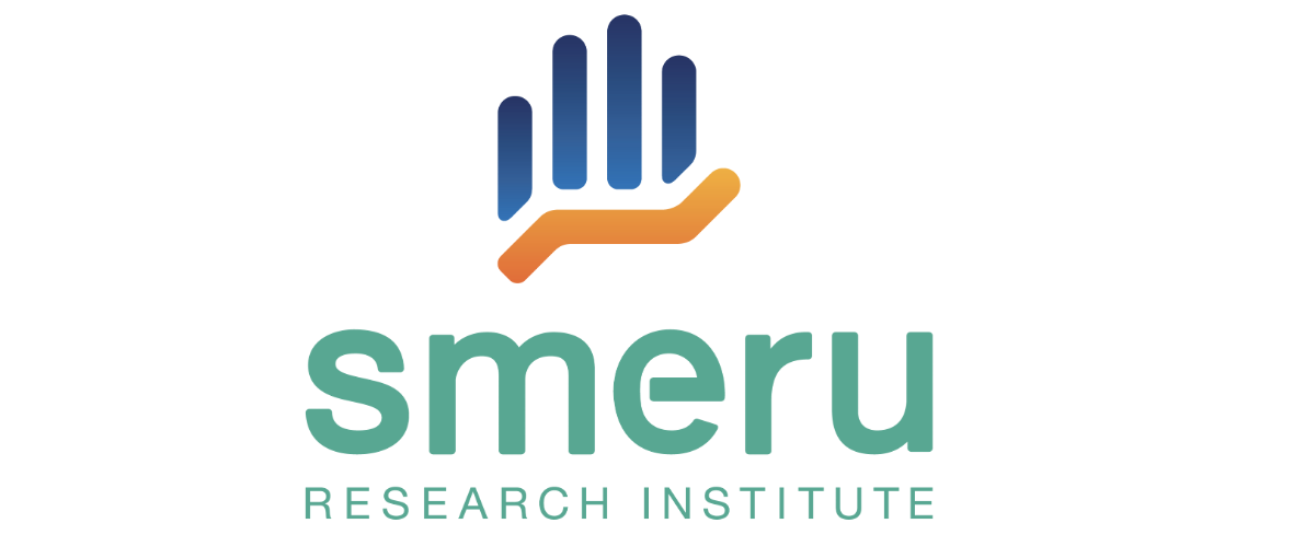 SMERU logo showing, in the top part, a stylised representation of a histogram with an orange base and blue vertical bars of different heights and, in the bottom part, the green writing ‘smeru’ on top of the smaller green writing ‘RESEARCH INSTITUTE’.