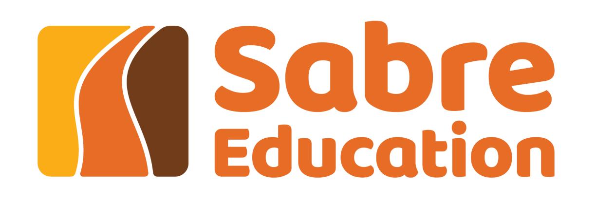 Sabre Education logo showing a square made of 3 irregular shapes (respectively yellow, orange and brown) followed by the orange writing 'Sabre' above the smaller orange writing 'Education'