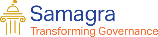 Samagra logo showing, from left to right, the picture of a golden column surmounted by a golden flag followed by the electric blue writing ‘Samagra’ on top of the orange writing ‘Transforming Governance’.