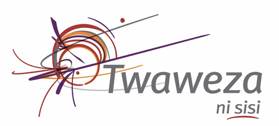 Twaweza ni sisi logo showing, from left to right, an abstract three-dimensional picture made of different curved lines, circles, dots in different colours (red, orange, grey, purple) followed by the grey writing ‘Twaweza’ on top of the smaller grey writing ‘ni sisi’ underlined in red.