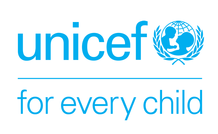Unicef logo showing the light blue writing 'unicef' followed by the picture of a mum with her baby within a globe above the light blue writing 'for every child'. The above and below writings are separated by a blue line.