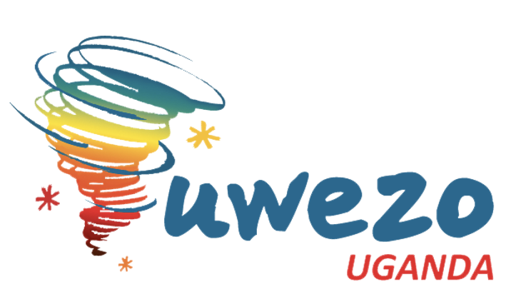Uwezo Uganda logo showing the multi-colour (the colours are yellow, red, orange, blue and green) picture of a hurricane followed by the blue writing ‘uwezo’ on top of the smaller red writing ‘UGANDA’.