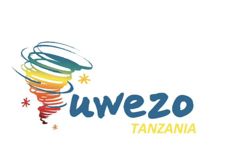 Uwezo Tanzania logo showing the multi-colour (the colours are yellow, red, orange, blue and green) picture of a hurricane followed by the blue writing ‘uwezo’ on top of the smaller yellow writing ‘TANZANIA’.