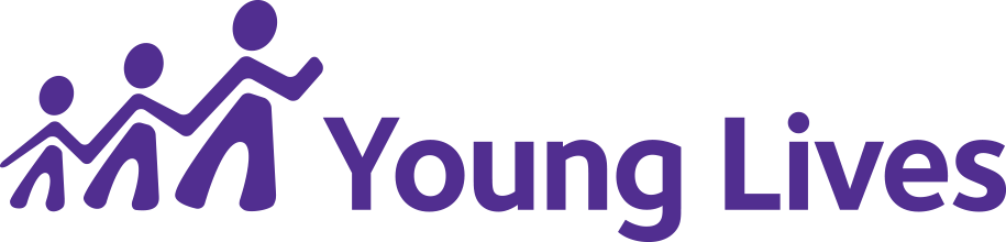 Young Lives logo showing the purple outline of 3 children of different heights who are hand in hand followed by the purple writing 'Young Lives'.