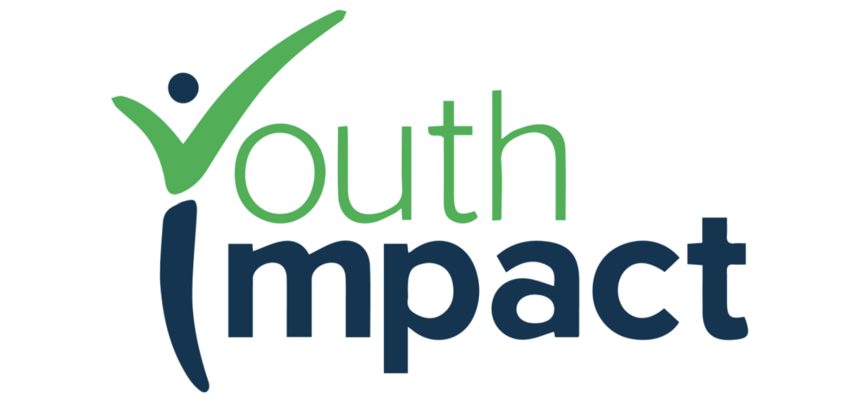 Youth Impact logo showing the green horizontal writing ‘Youth’ on top of the dark blue writing ‘Impact’. The initials ‘Y’ and ‘I’ form a stylised person with opened arms.