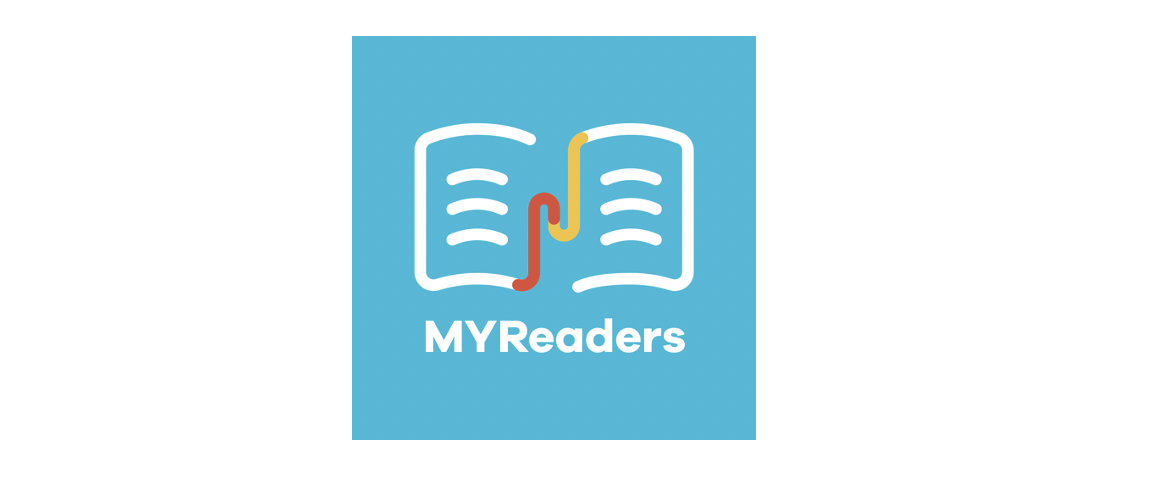 My readers logo showing a baby blue square and, inside it, a white book whose pages are kept together by a red and yellow binding above the white writing ‘MYReaders’.