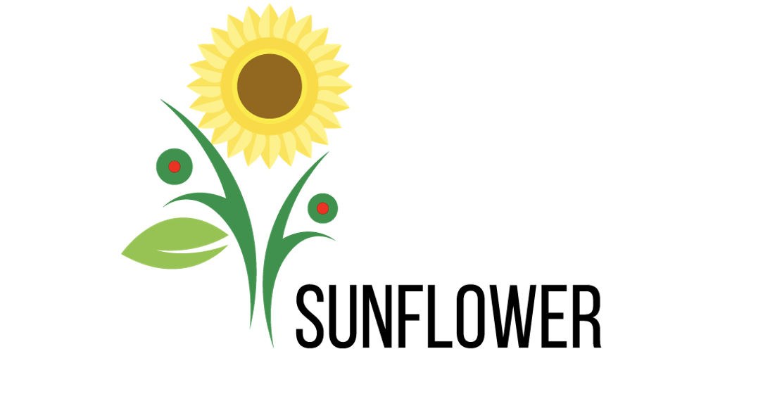  Sunflower logo showing the colourful picture of a sunflower, in the top part, and the black writing ‘SUNFLOWER’, in the bottom part. The sunflower stem is made of 2 stylised children with arms opened towards the sky and facing each other.